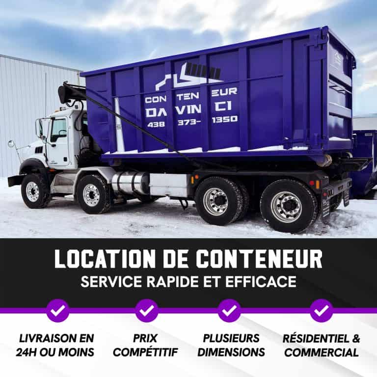 White truck with a large purple container for rental by Conteneur Da Vinci parked on snowy ground