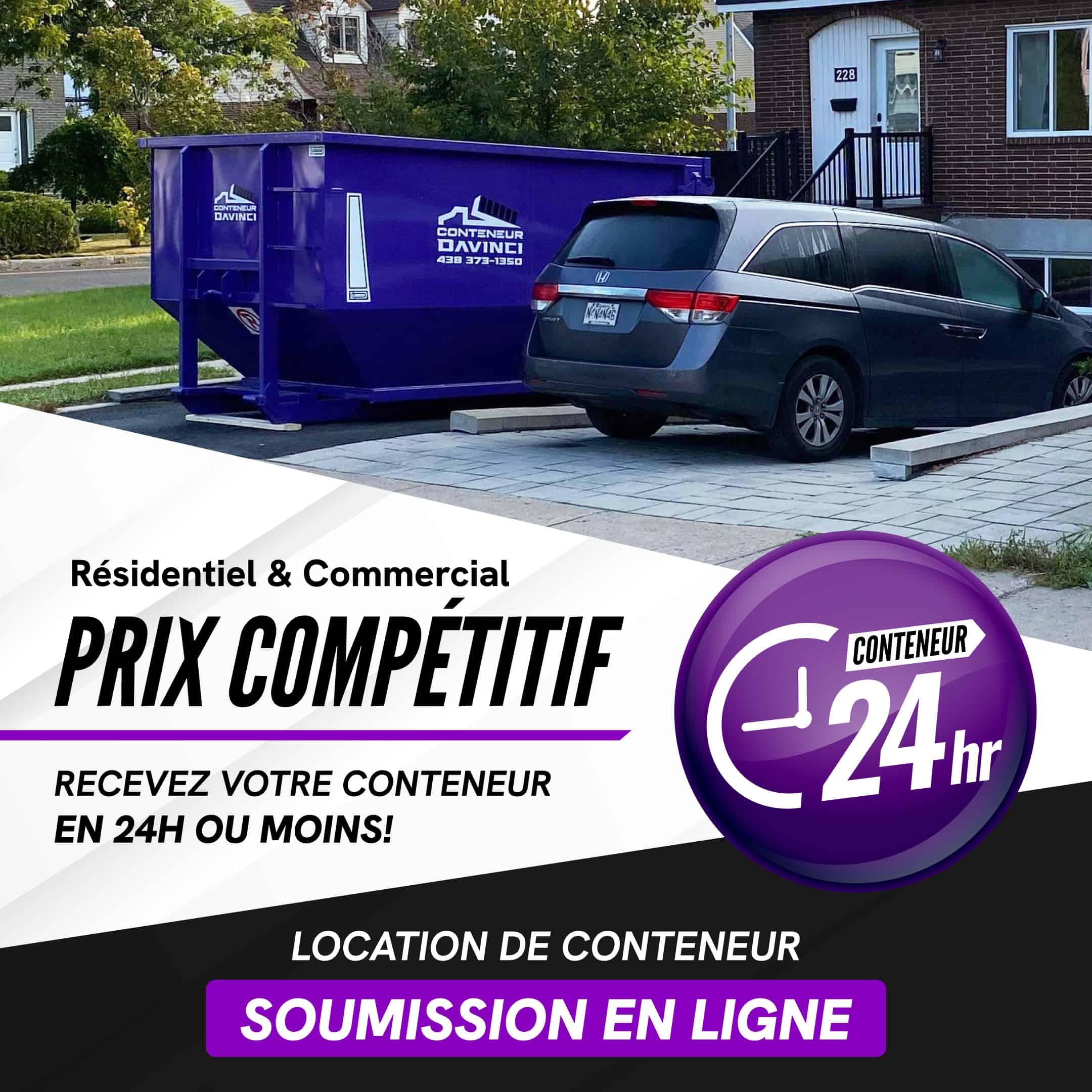 Residential driveway with a parked gray minivan next to a large purple Conteneur DaVinci dumpster in a suburban neighbourhood