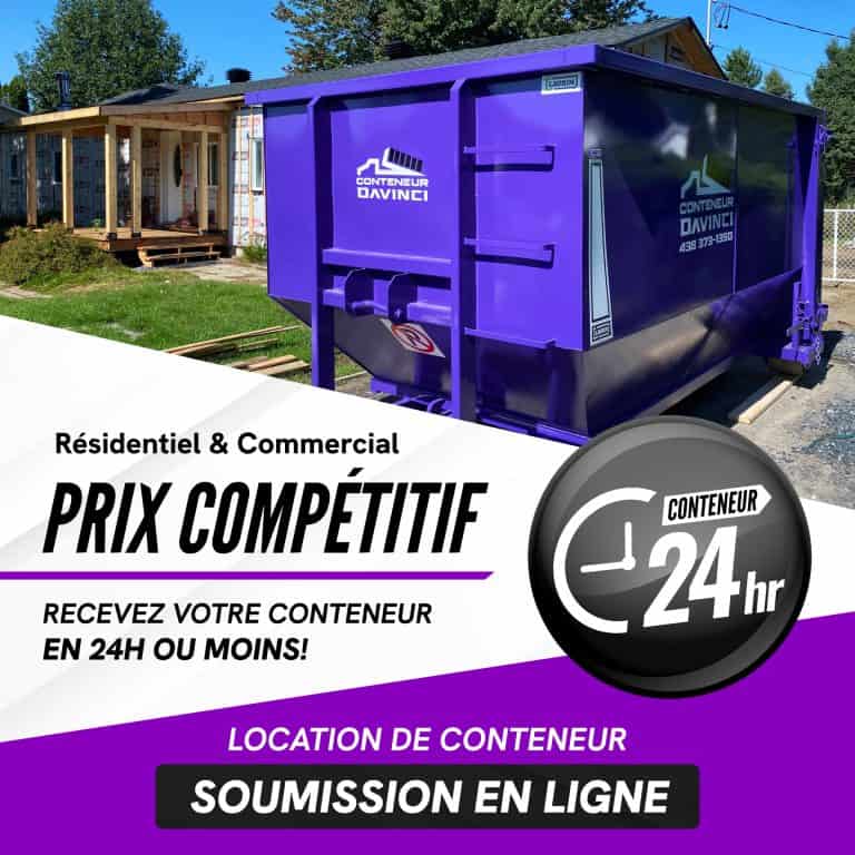 Purple Conteneur Davinci dumpster container at a residential construction site with wooden framing in progress under a clear blue sky