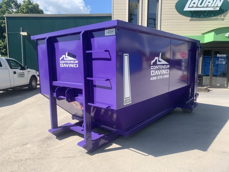 Large purple industrial waste container labeled Conteneur Davinci parked outside Laurin Inc. building